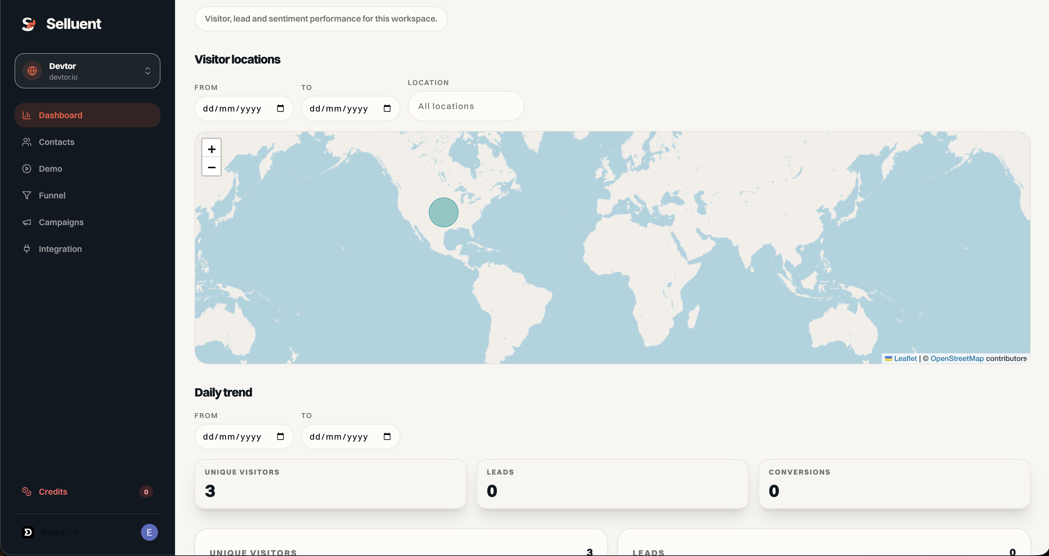 Selluent platform interface showing dashboard, leads, and conversation funnel